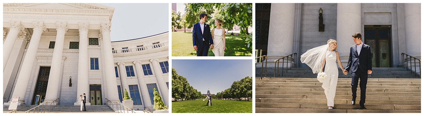 Spread of images from a couple at their courthouse wedding in Denver. The bride is wearing a unique white jumpsuit.