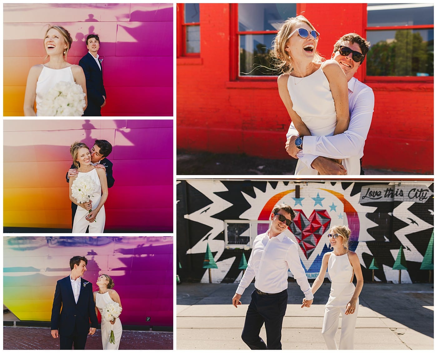 Spread of images from a couple's courthouse wedding in Denver. They're laughing and kissing in front of colorful walls and murals  near the Denver Art Museum.